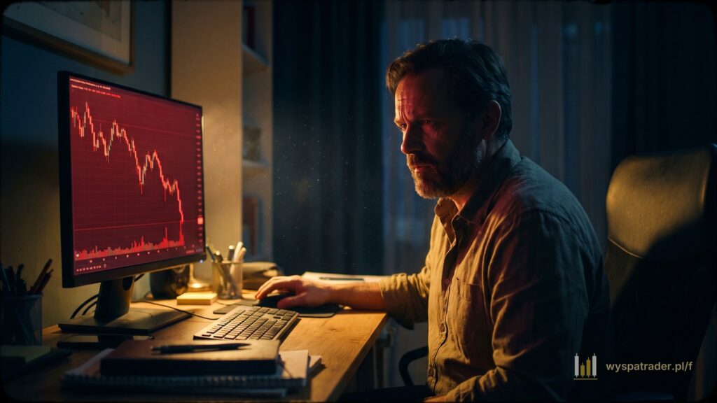Trader w nocy przy monitorze ze spadającym czerwonym wykresem, ręka nieruchomo na myszce
