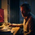 Trader w nocy przy monitorze ze spadającym czerwonym wykresem, ręka nieruchomo na myszce